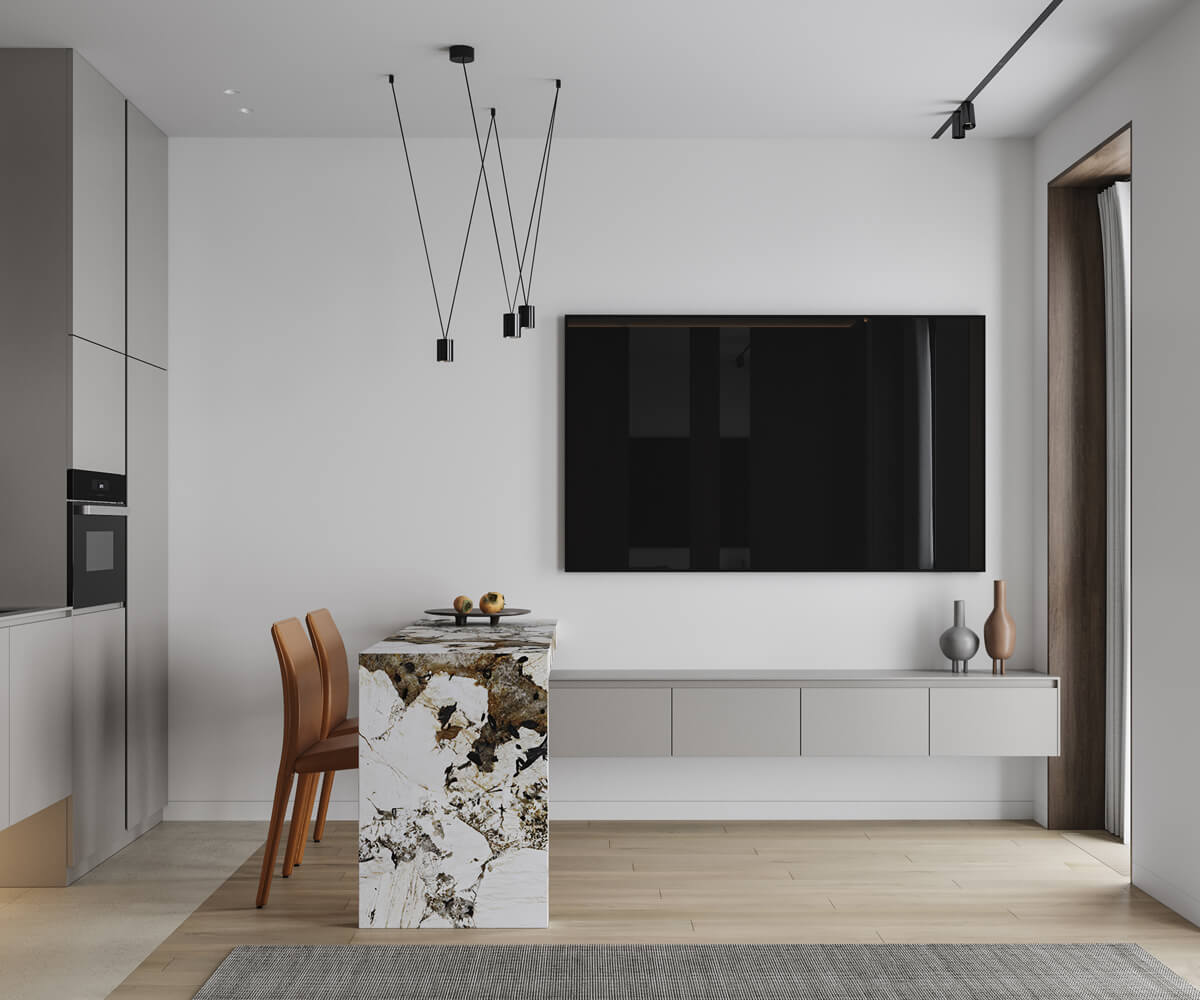 Funkcjonalny stół barowy Elegancka kuchnia w stylu loft z funkcjonalnym stołem barowym do przechowywania