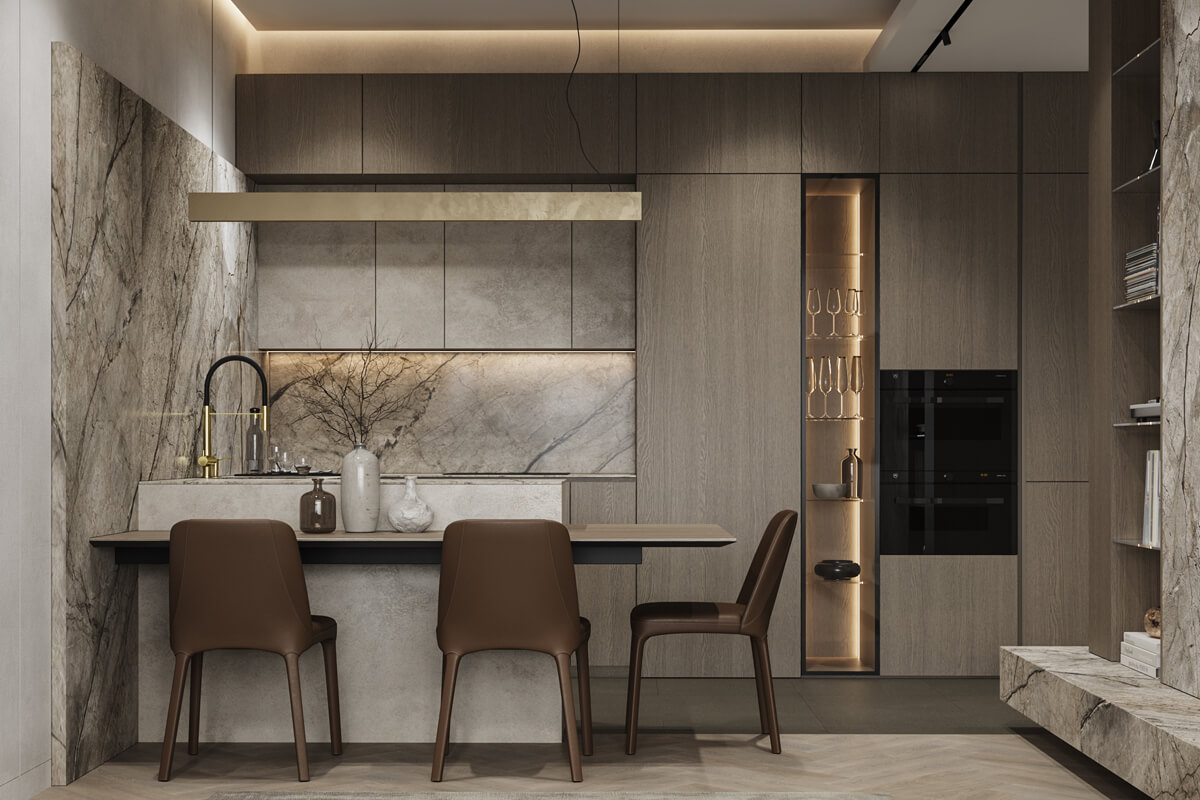 Stół barowy w kuchni Nowoczesna kuchnia z stołem barowym oddzielającym strefy, idealna do loftu 2026