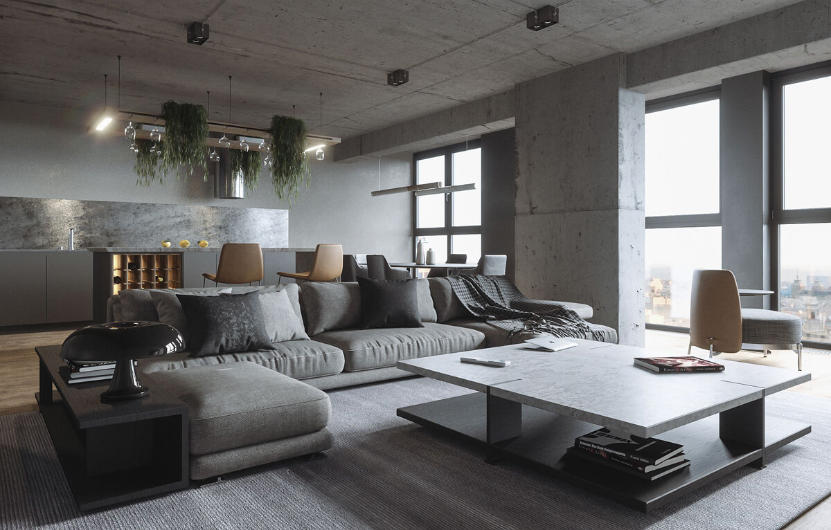 Beton w kuchni Kuchnia z betonowym sufitem, designerskimi lampami wiszącymi i nowoczesnymi meblami kuchennymi. Minimalizm 2026.