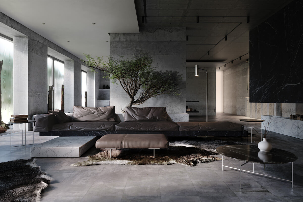 Beton i drewno Nowoczesne wnętrze z betonowym sufitem, minimalistycznym oświetleniem i drewnianymi panelami ściennymi. Betonowy sufit 2026.