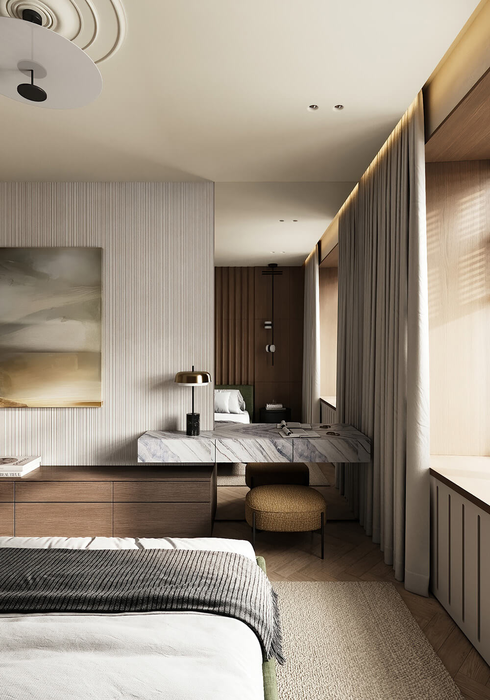 Eko-design z turkusem Turkusowy kolorowy sufit z drewnianymi elementami w minimalistycznym wnętrzu 2026