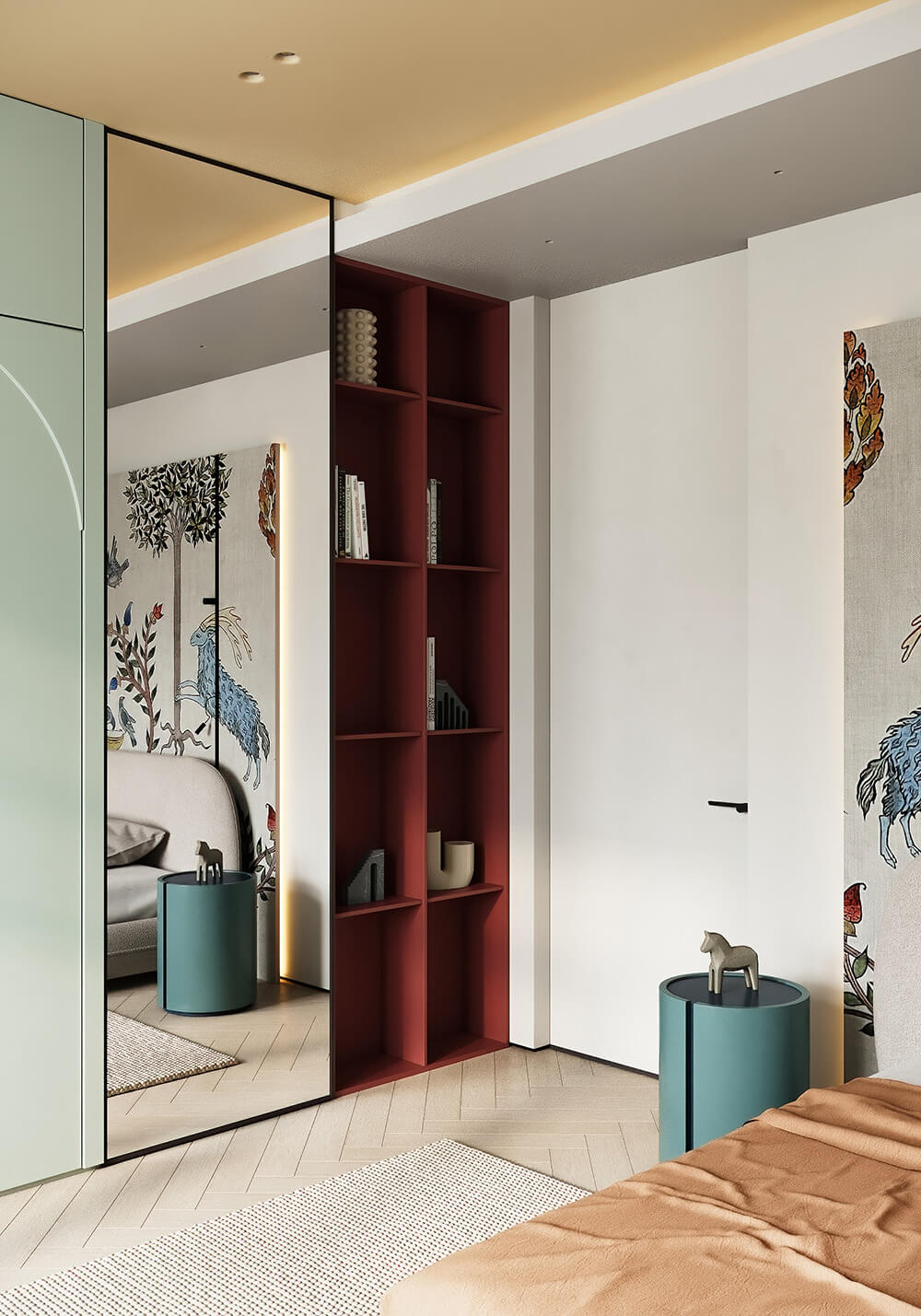 Romantyczny fiolet Fioletowy, kolorowy sufit z podświetleniem tworzy romantyczną atmosferę w pokoju.