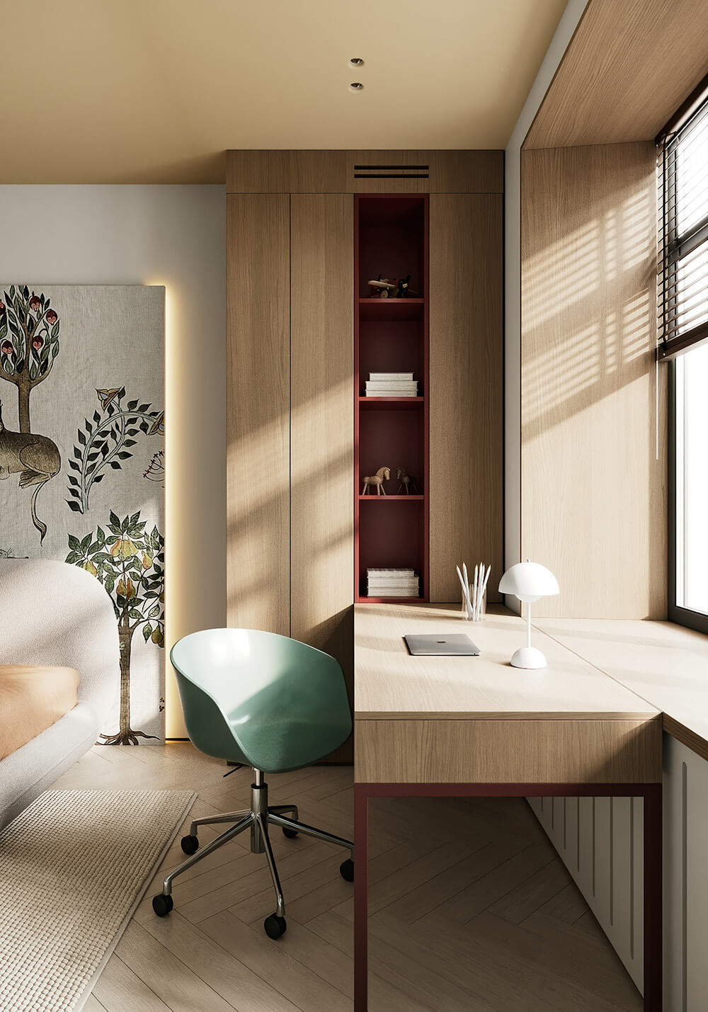 Eko zielony sufit Zielony, kolorowy sufit w salonie z naturalnymi elementami wystroju: styl eko.