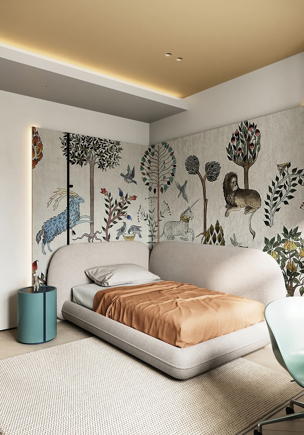 Relaksująca szarość 2026 Kolorowy sufit w minimalistycznej sypialni: szary kolor dla spokoju i relaksu 2026.