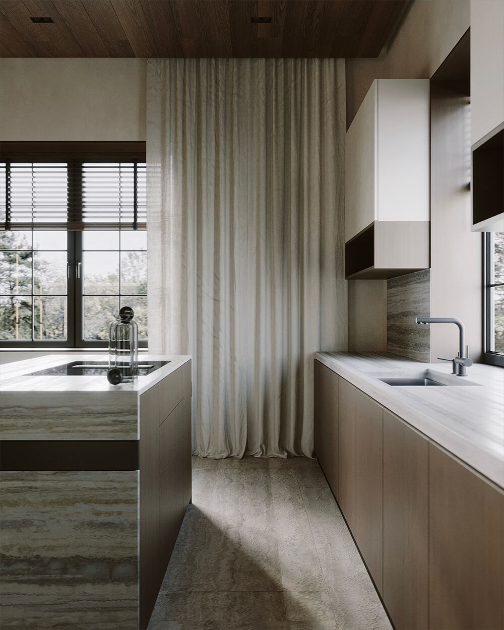 Drewno dzieli przestrzeń Drewniany sufit do podziału przestrzeni. Funkcjonalne rozwiązanie we wnętrzach open space.