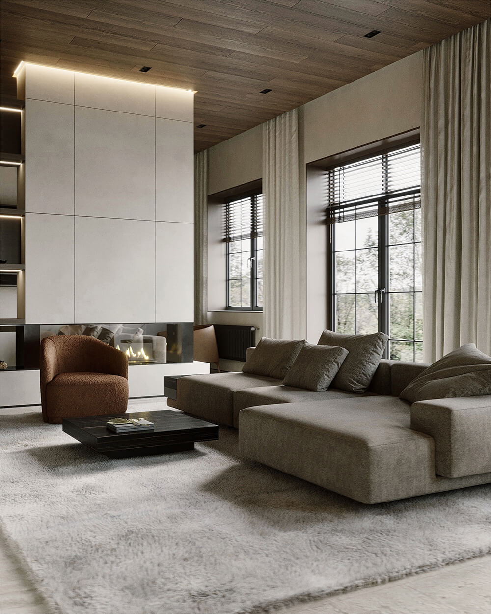 Drewno w kuchni Stylowa kuchnia z drewnianym sufitem. Połączenie nowoczesności i ekologicznych materiałów.