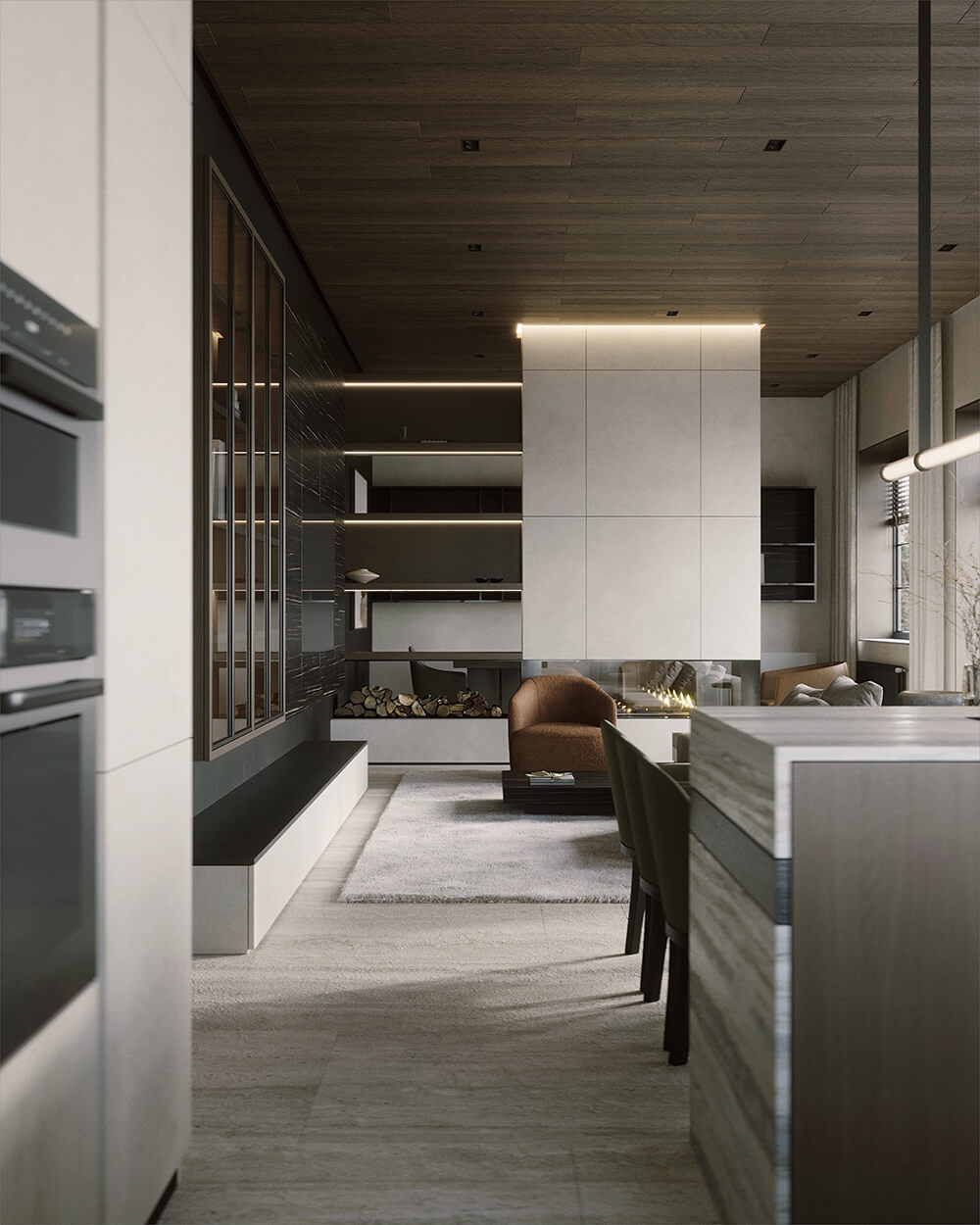 Sypialnia z drewnem Drewniany sufit w sypialni. Spokojna atmosfera dzięki naturalnemu drewnu jesionowemu.