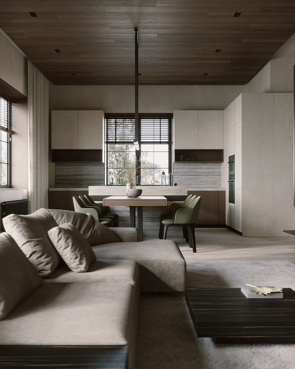 Drewno i światło Elegancki drewniany sufit z oświetleniem punktowym. Miękkie i przytulne światło w pomieszczeniu.