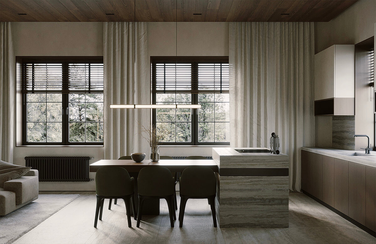 Drewno w salonie Nowoczesny salon z drewnianym sufitem. Akcent na styl loft i naturalne materiały.