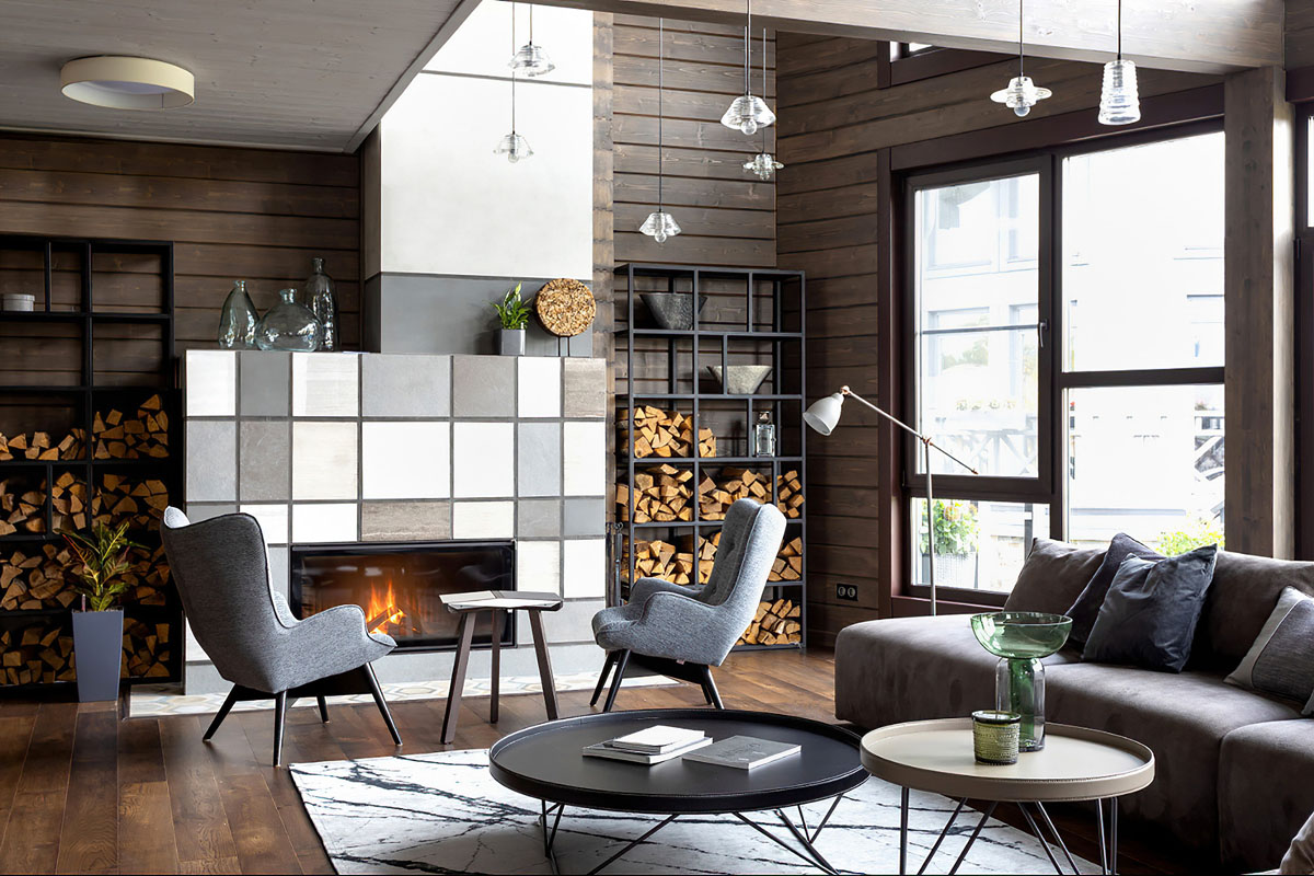 Minimalizm w drewnie Nowoczesny design wnętrza domu z bali, łączący minimalizm i naturalne materiały.