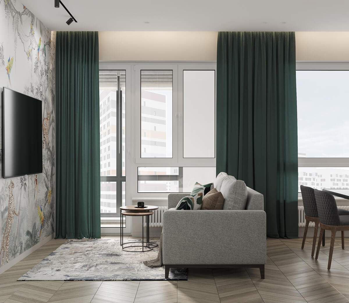 Strefa pracy Elegancki gabinet w 100m2 mieszkaniu z wygodnym biurkiem i regałami na książki.