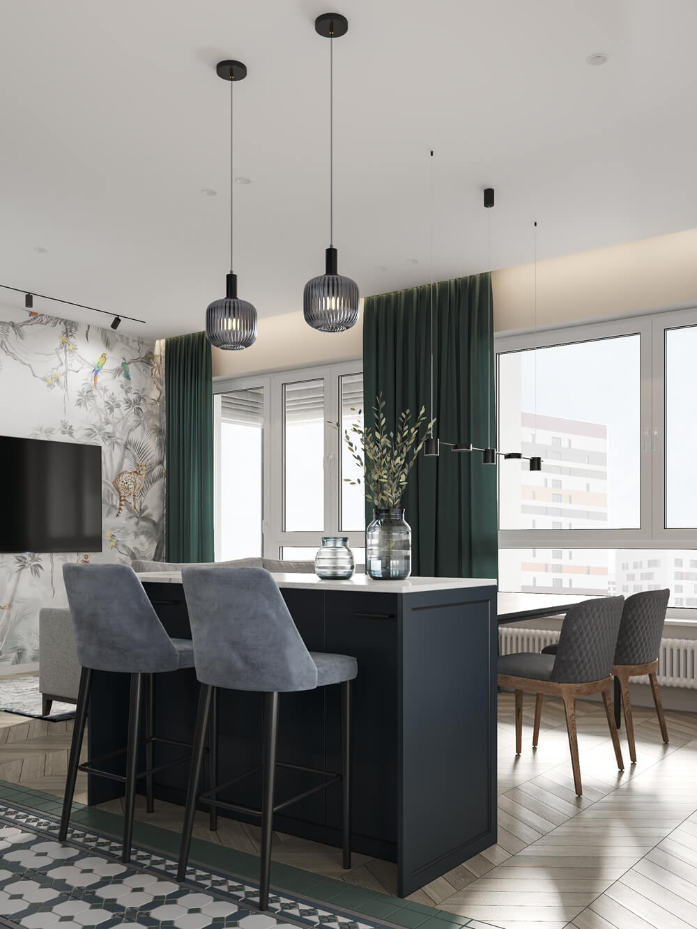 Salon z charakterem Salon w mieszkaniu 100m2 z dużym narożnikiem i telewizorem.