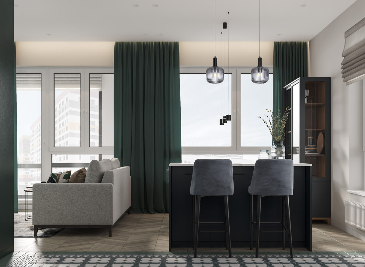Kuchnia z salonem Aranżacja kuchni z salonem w mieszkaniu 100m2: barek i strefa jadalna.