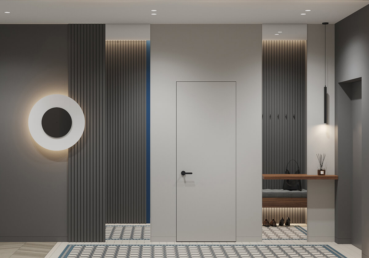 Domowe biuro Funkcjonalny gabinet w mieszkaniu 100m2 z wygodnym biurkiem i regałami na książki.