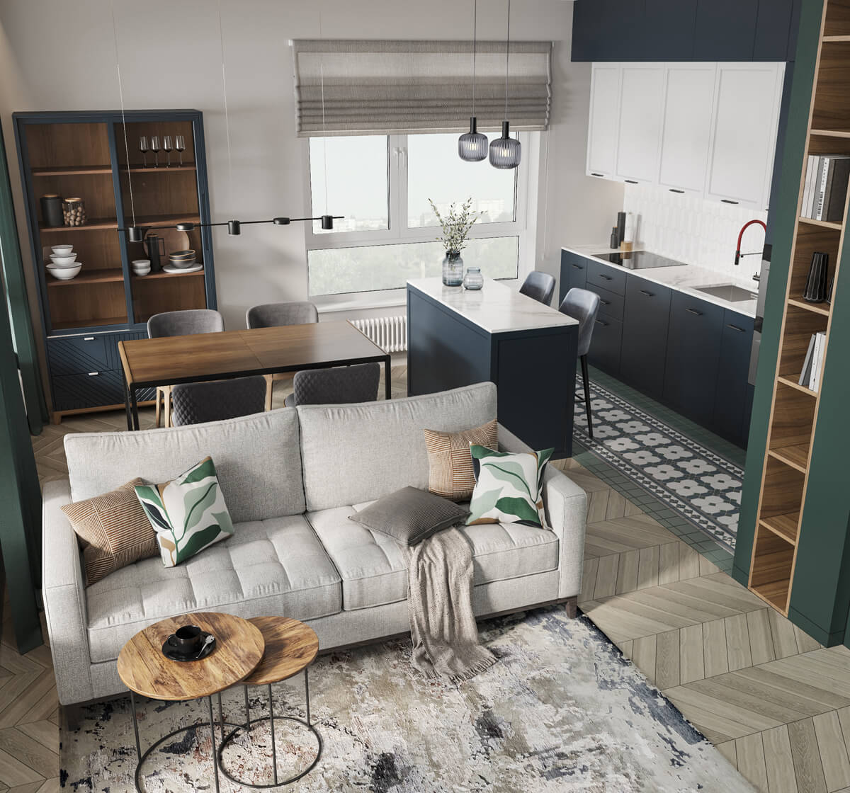 Salon z charakterem Jasny salon w mieszkaniu 100m2: aranżacja z dużymi oknami i wygodną sofą.