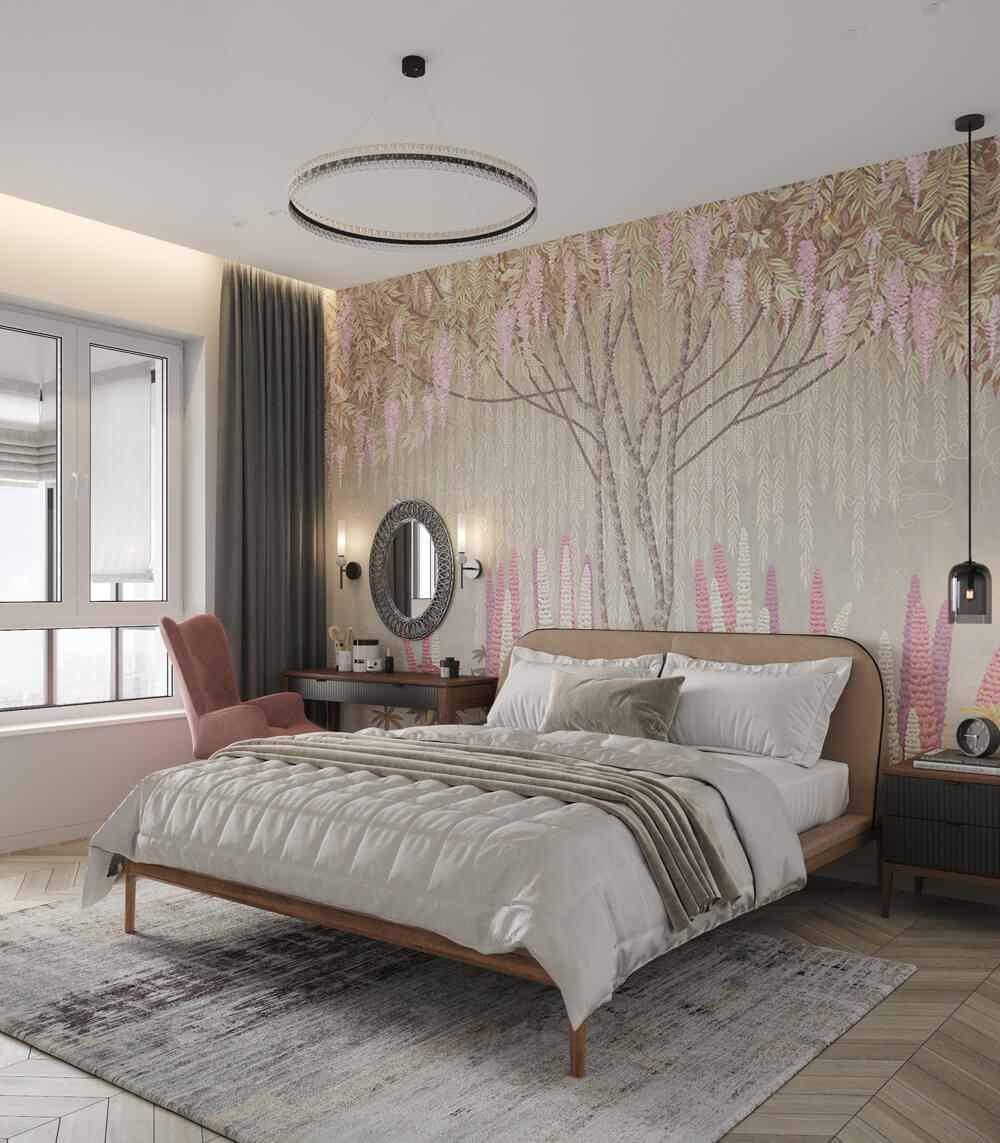 Sypialniany relaks Przytulna sypialnia w 100m2 mieszkaniu z dużym łóżkiem i miękkimi tekstyliami.