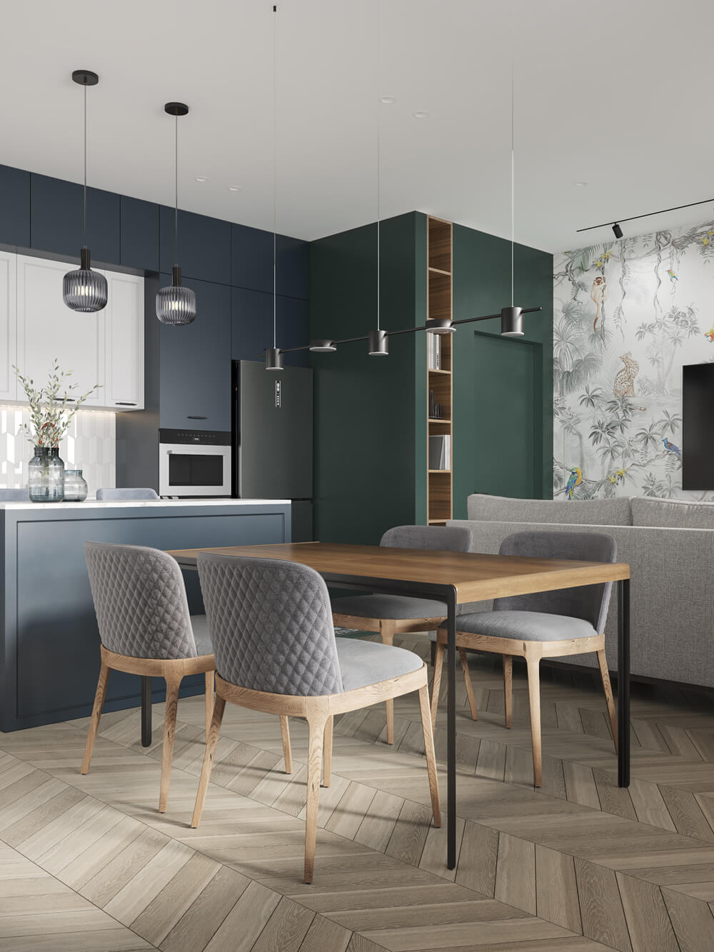 Minimalistyczna kuchnia Funkcjonalna kuchnia z jadalnią w mieszkaniu 100m2 w stylu minimalistycznym z drewnem.