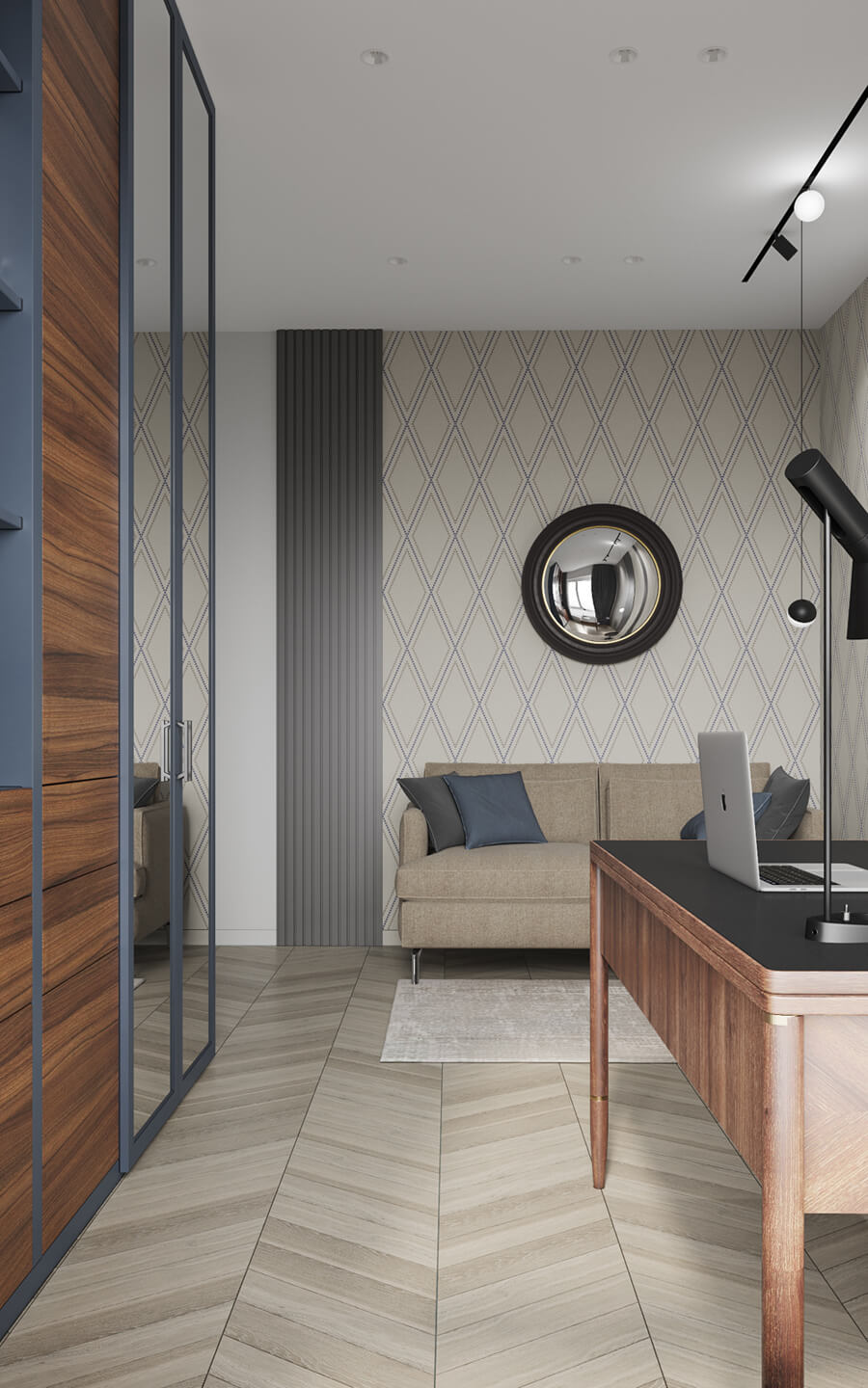 Zorganizowana przestrzeń Widok ogólny mieszkania 100m2 z oświetleniem, dekoracjami i strefami funkcjonalnymi.