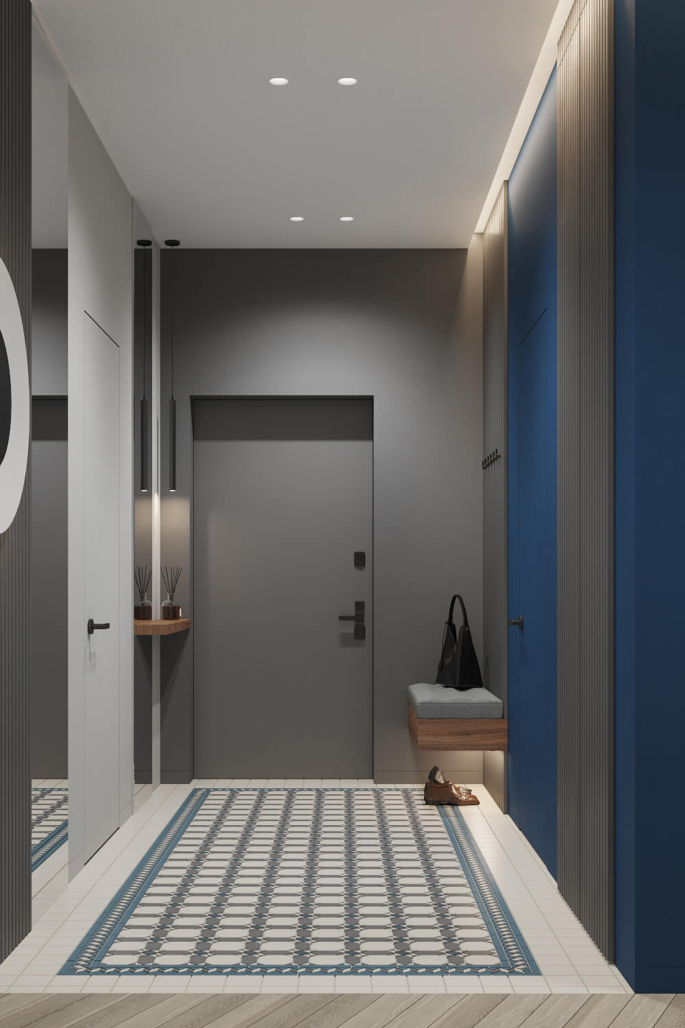 Marmurowa łazienka Projekt łazienki w mieszkaniu 100m2 z płytkami imitującymi marmur i nowoczesną armaturą.