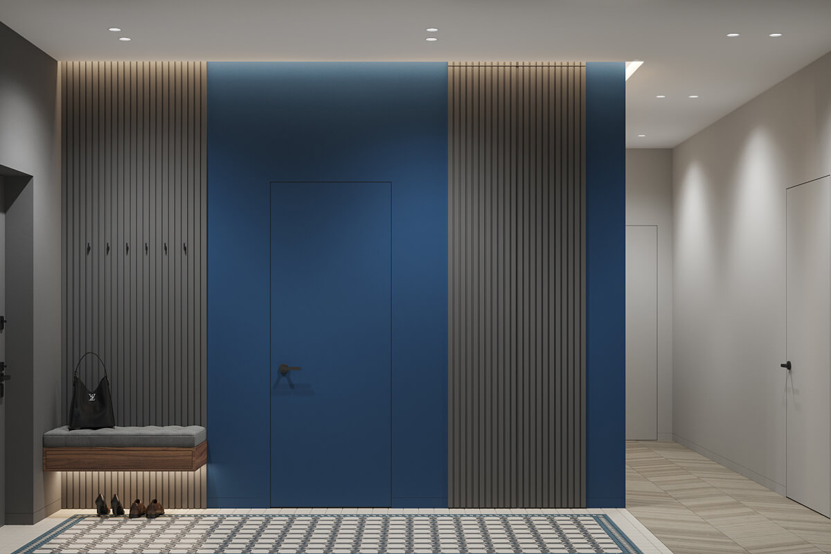 Ergonomiczny przedpokój Przedpokój w mieszkaniu 100m2: szafa wnękowa i duże lustro, ergonomiczna przestrzeń.