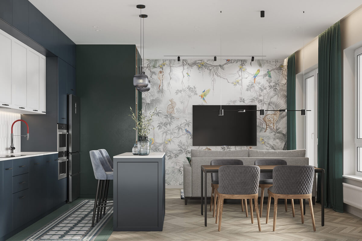 Gra świateł Oświetlenie w projekcie mieszkania 100m2: żyrandol, oświetlenie punktowe, ciepłe światło.