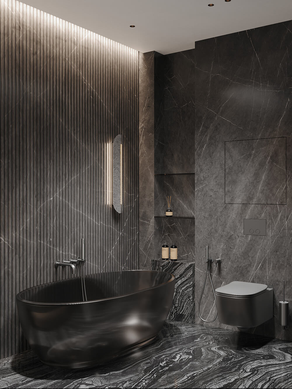 Marmur i nowoczesność Nowoczesna łazienka z marmurowym blatem, lustrem i stylową armaturą.