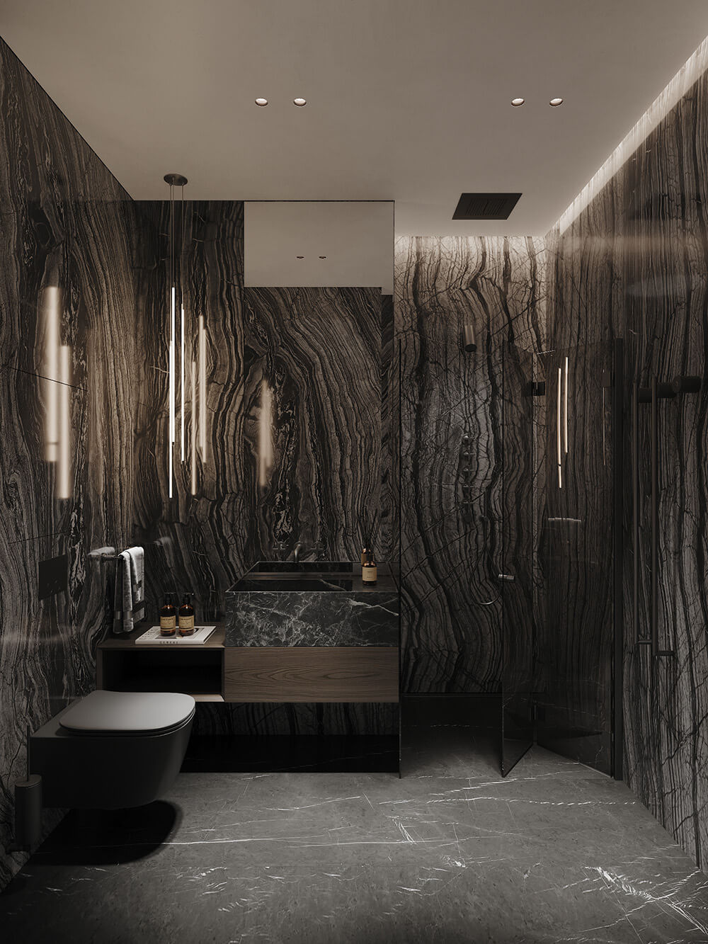 Nowoczesne marmurowe SPA Nowoczesna łazienka z marmurową płytką, stylową armaturą i podświetlanym lustrem: domowe SPA