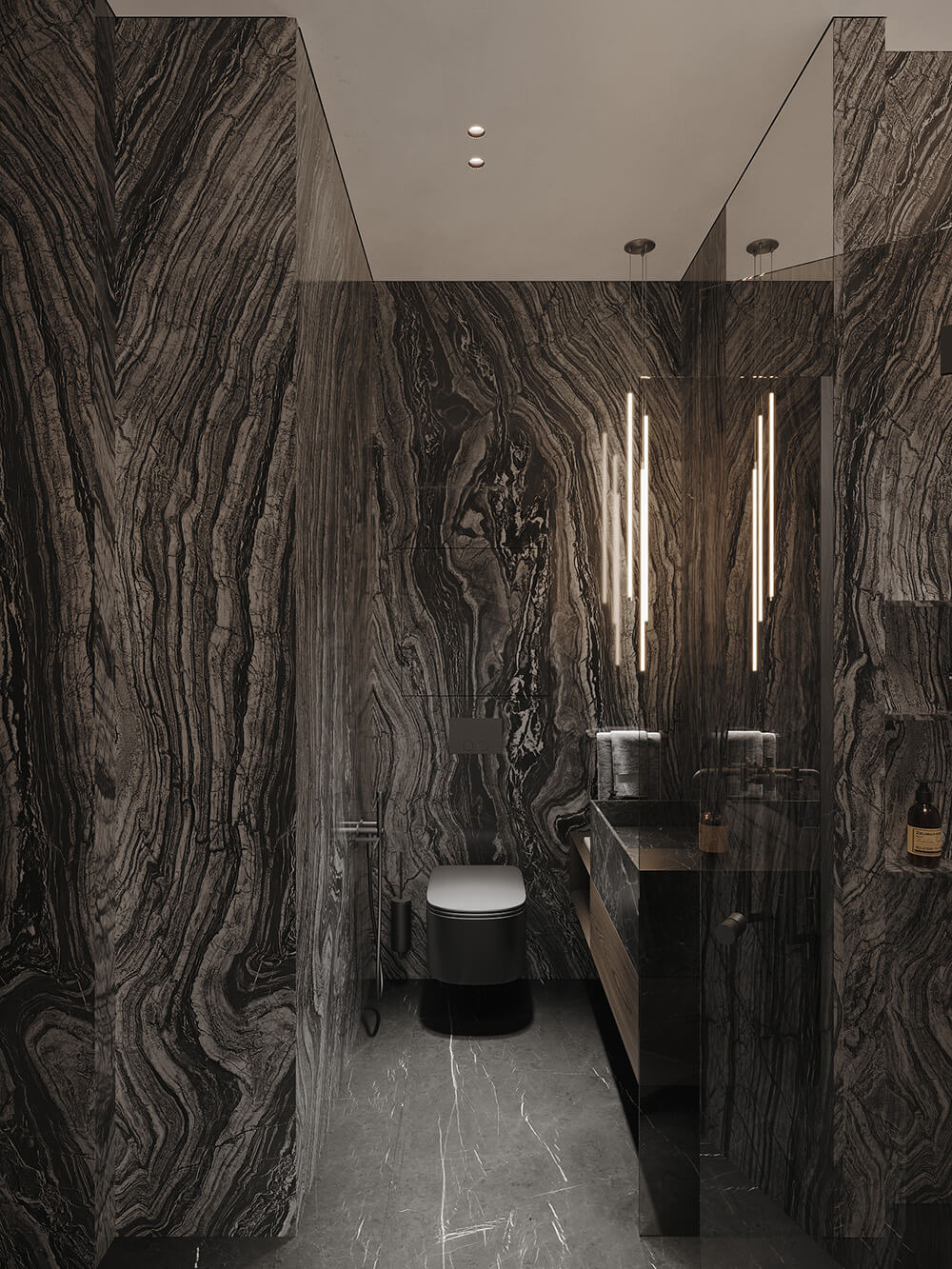 Marmurowa elegancja łazienki Elegancka łazienka z marmuru Carrara: ściany i podłoga w luksusowym stylu