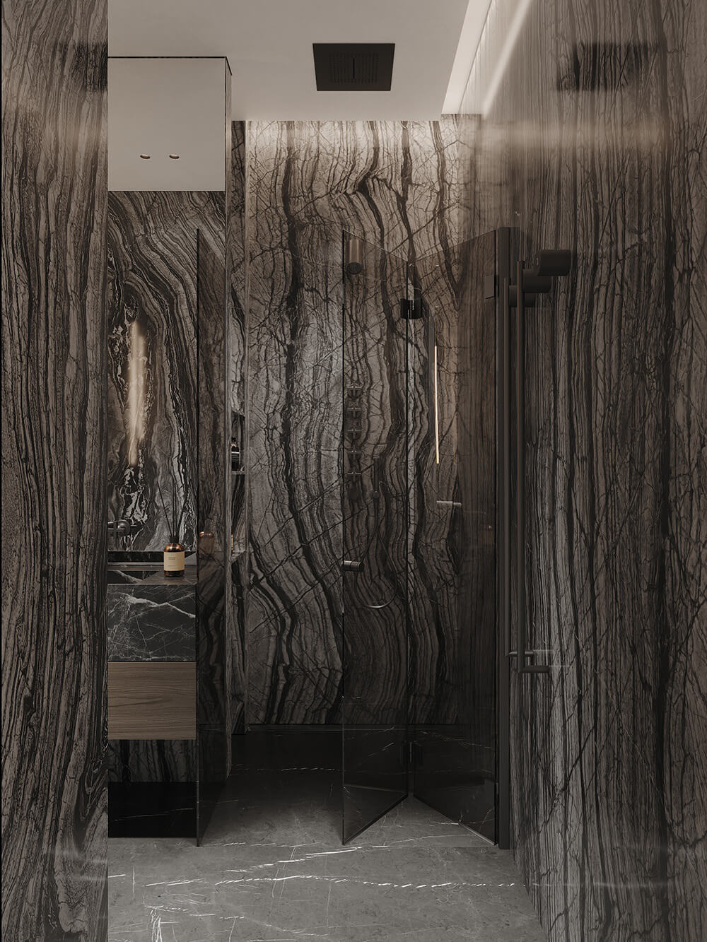 Marmur i światło Stylowa łazienka z marmurową podłogą, kabiną prysznicową i nowoczesnym oświetleniem.