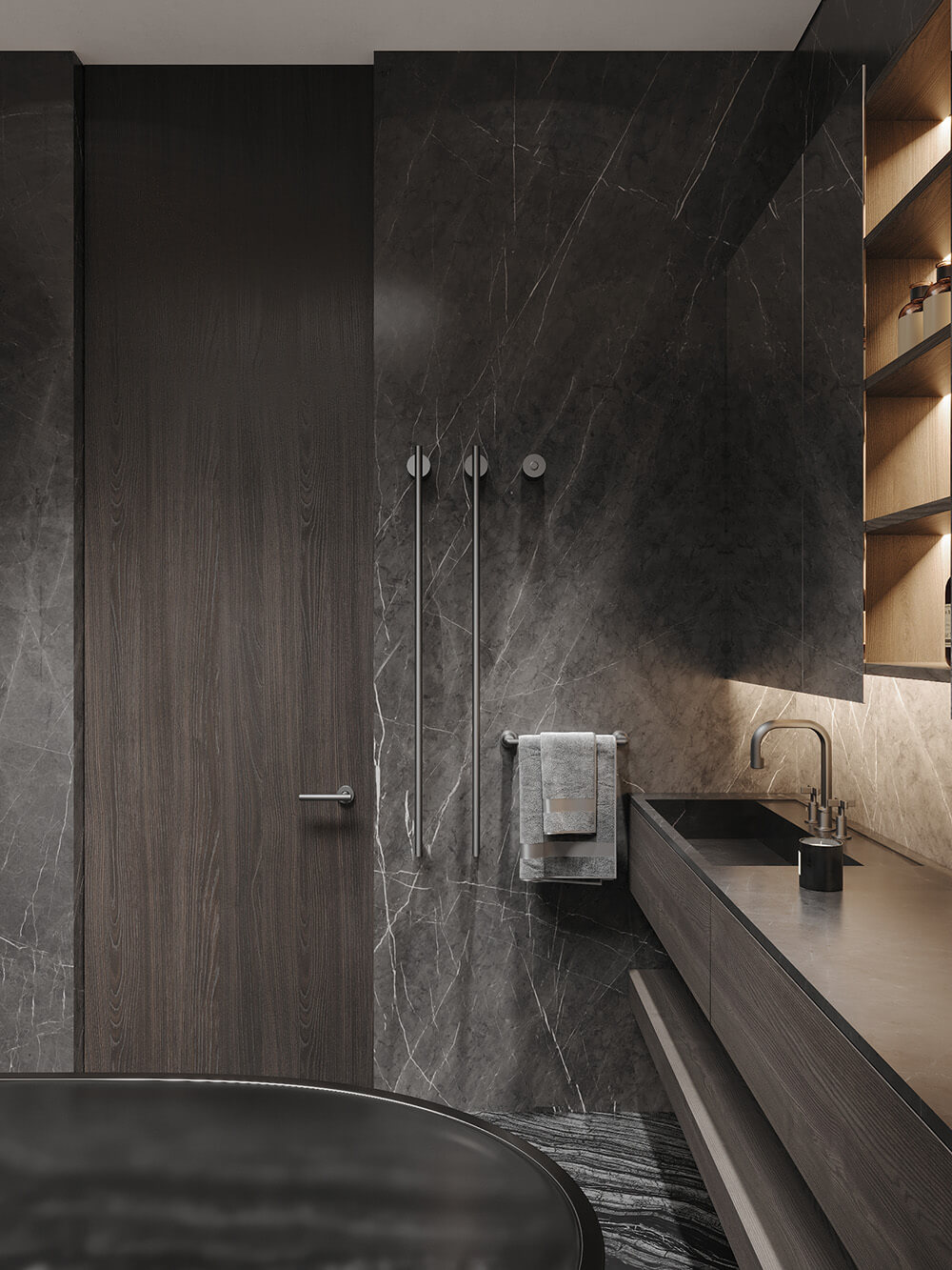 Marmur w minimalizmie Minimalistyczna łazienka z marmurem, elegancja i prostota domowego SPA.