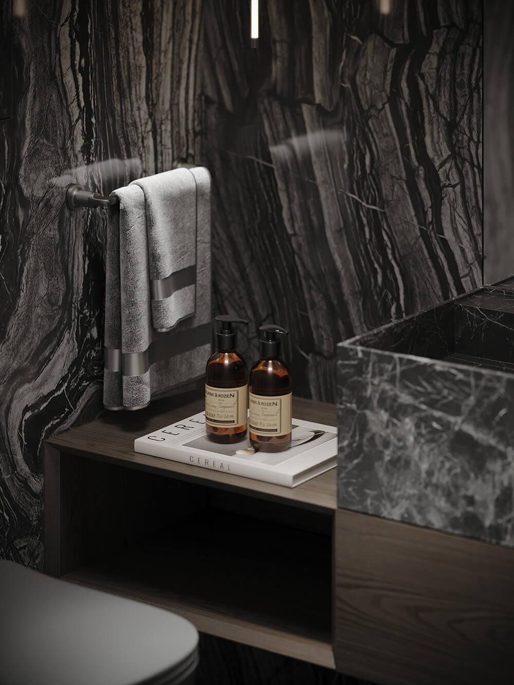 Naturalne światło w marmurze Przestronna łazienka z marmurowym wykończeniem, dużym oknem i naturalnym światłem.