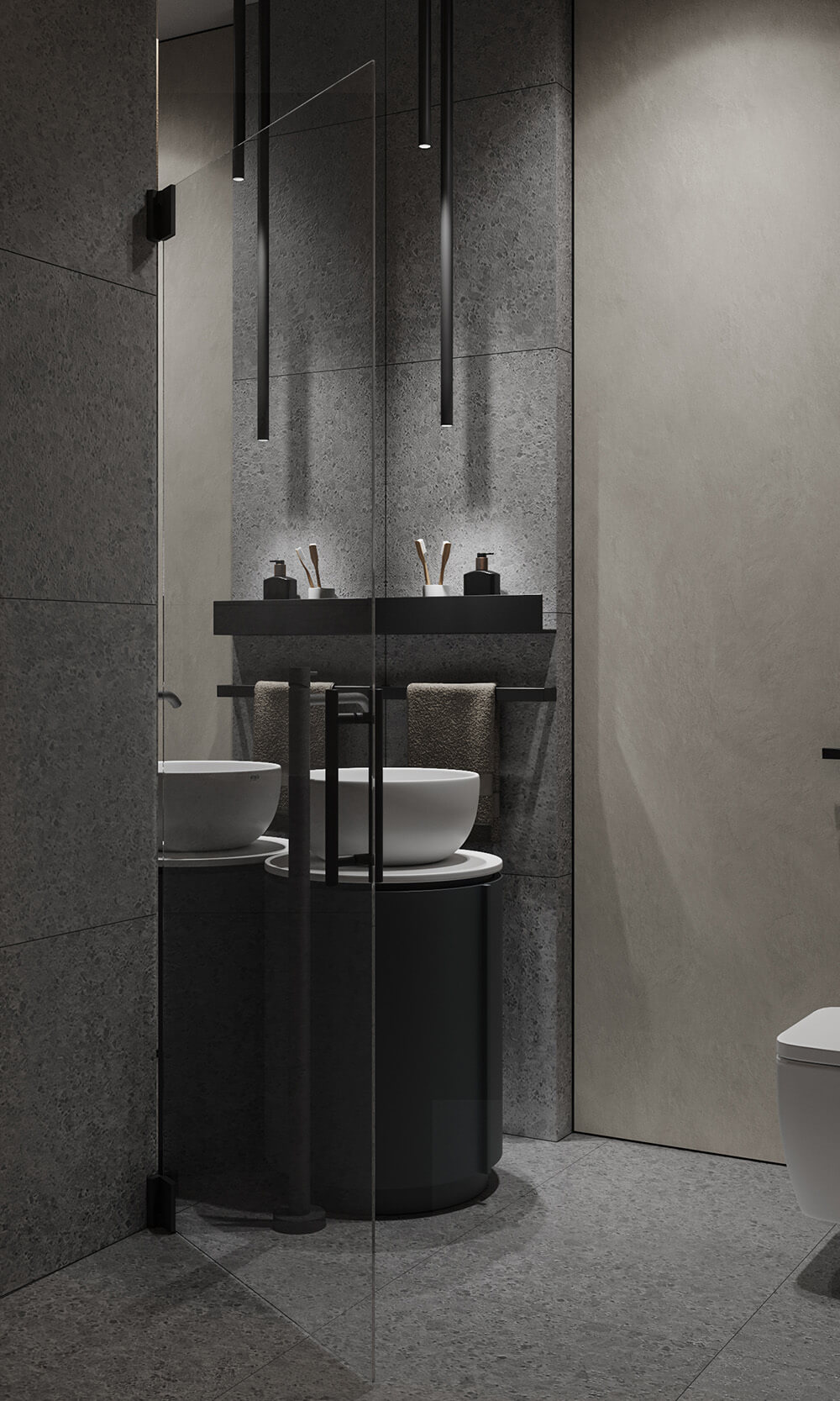 Odpływ liniowy narożny Przestronna strefa prysznicowa bez brodzika z odpływem liniowym w rogu – minimalizm 2026.