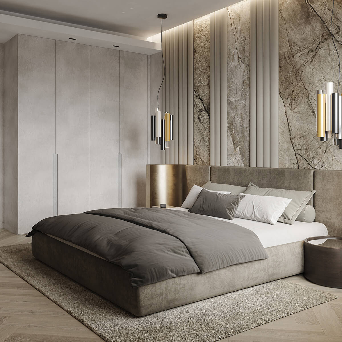 Brąz w detalach Elementy z brązu w nowoczesnym wnętrzu: lampa, wazon i lustro w brązowych ramach.