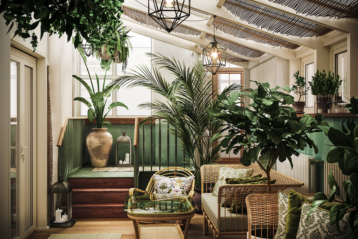 Zielony salon 2026 Fitodizajn wnętrz 2026: Salon z roślinami na półkach, oaza spokoju