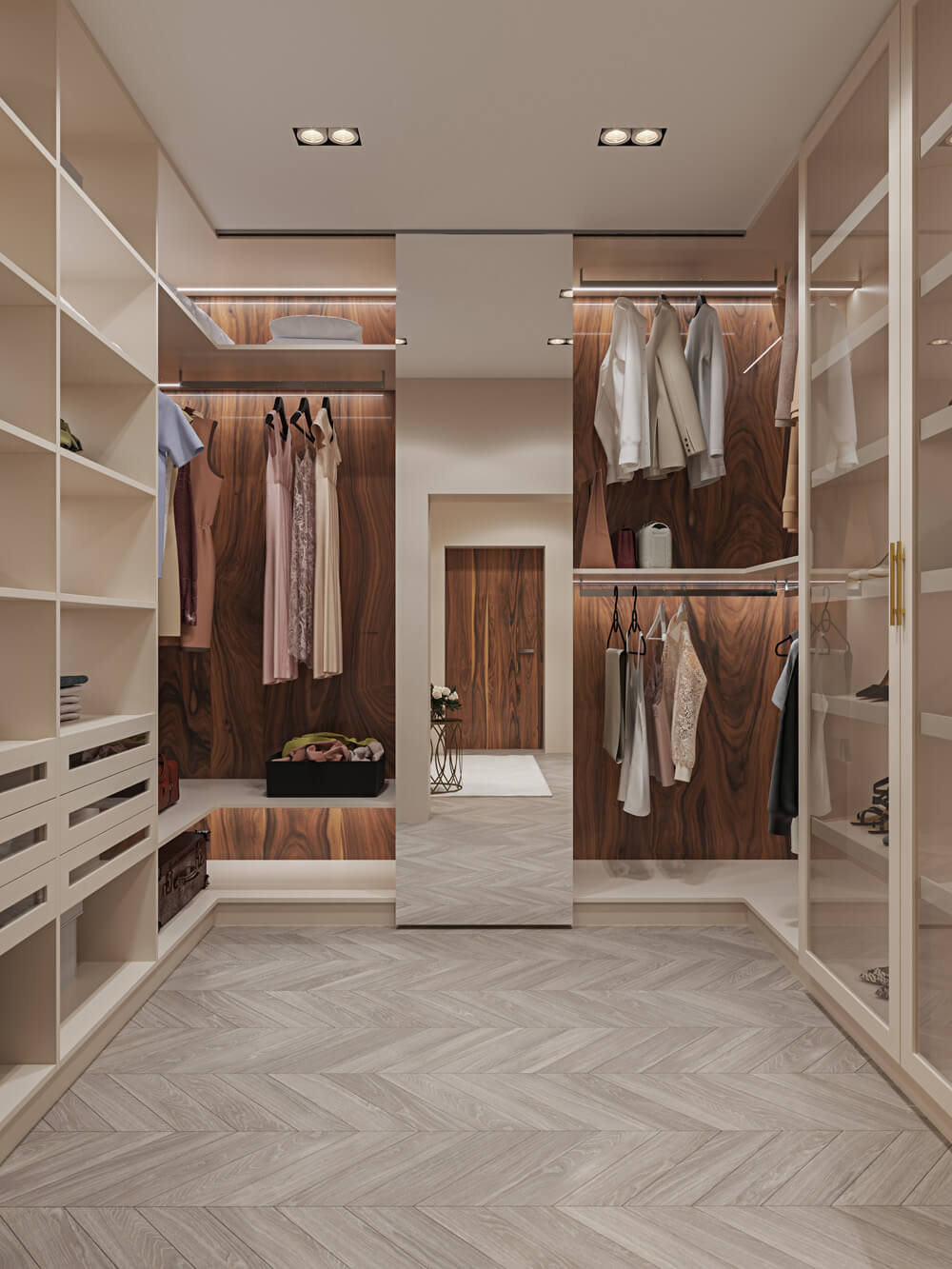 Półki i wieszaki Wnętrze garderoby z półkami, wieszakami i szufladami na ubrania i akcesoria.