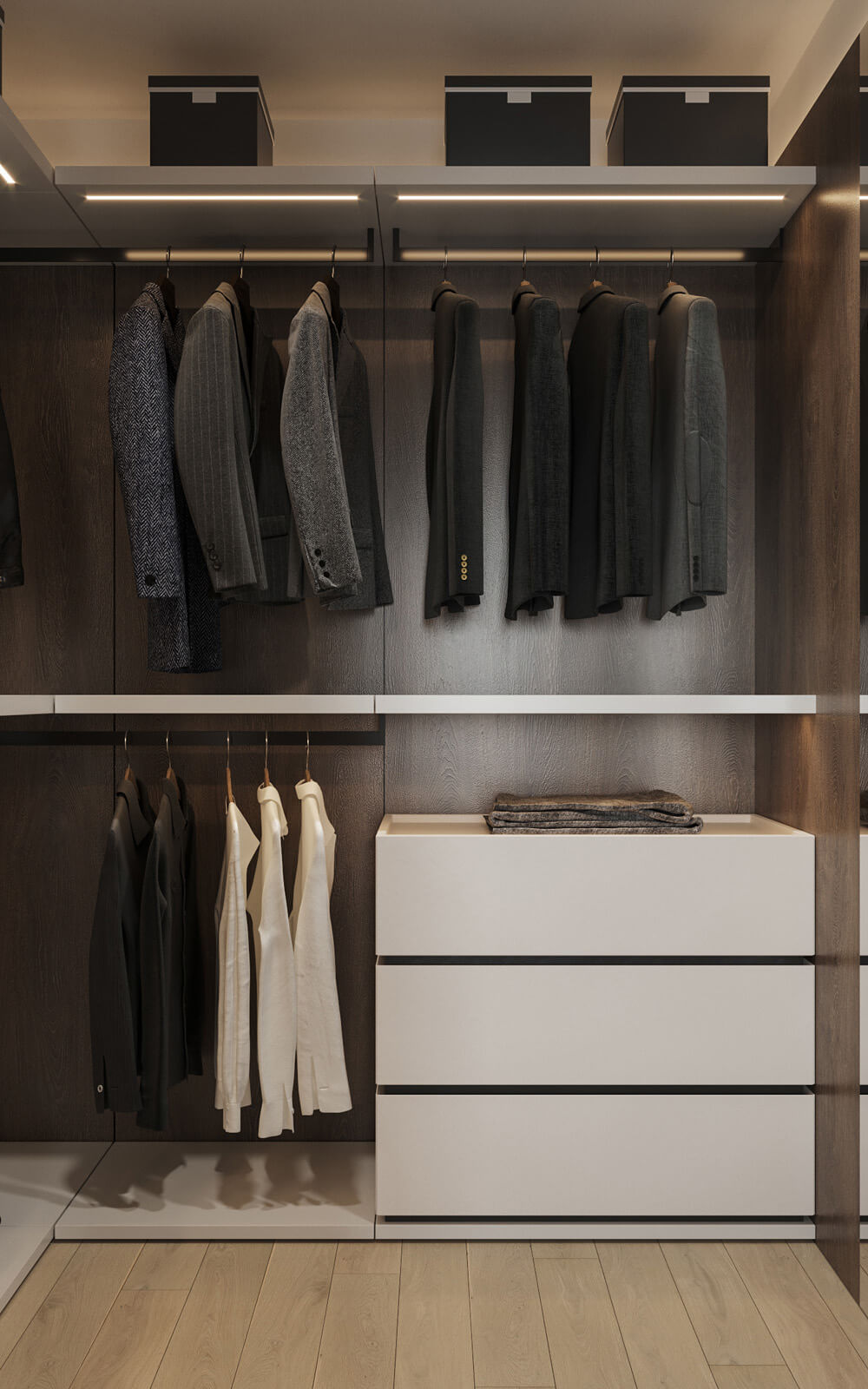 Wysuwane półki Garderoba z wysuwanymi półkami dla łatwego dostępu do ubrań i akcesoriów.