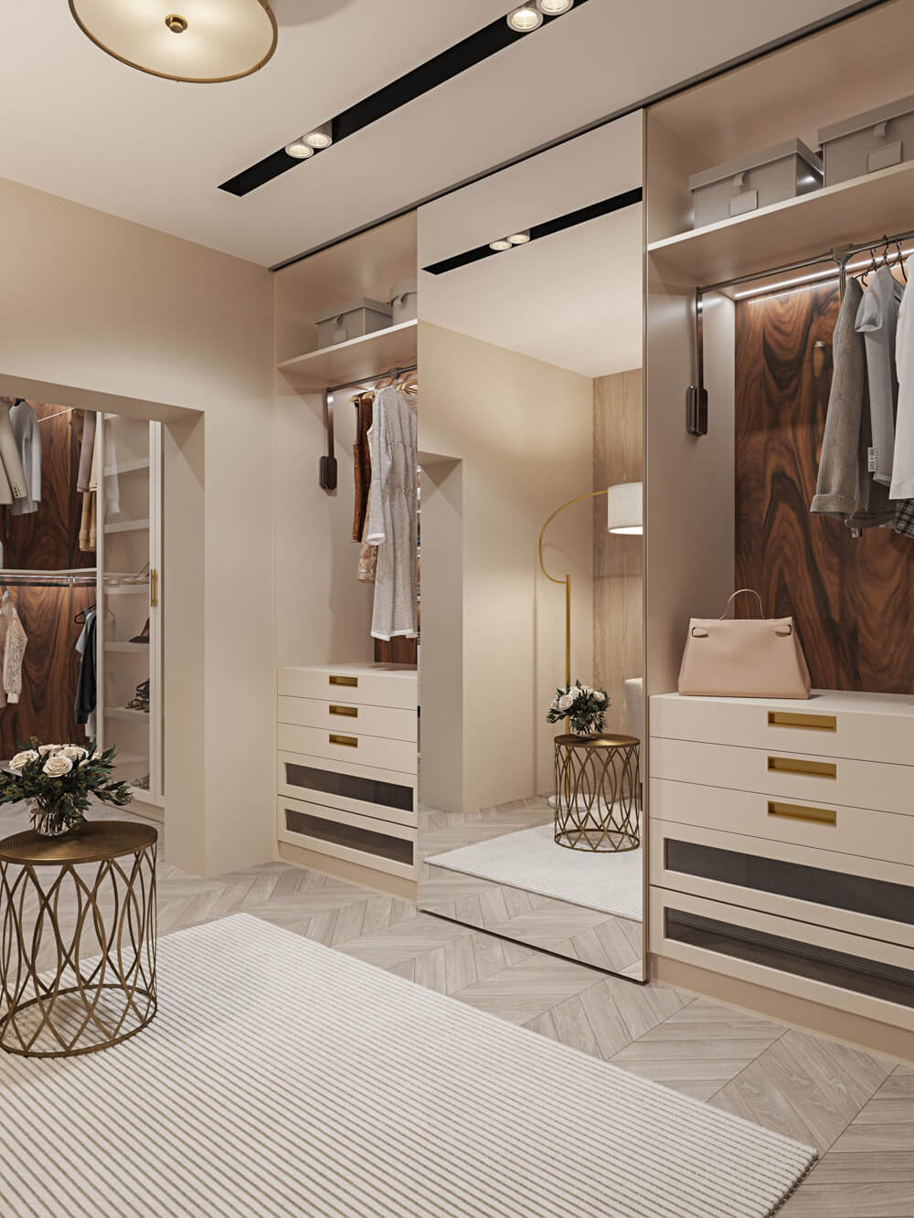 Jasny design Projekt garderoby w nowoczesnym stylu z jasnymi kolorami i funkcjonalnością.