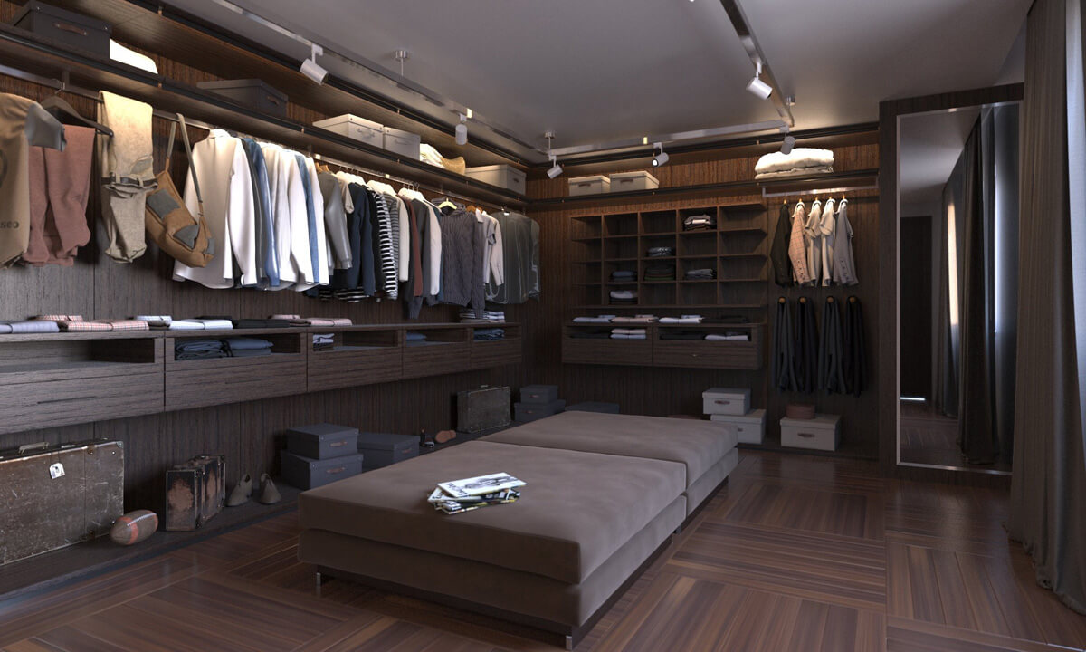 Systemy przechowywania Różne systemy przechowywania w garderobie: półki, szuflady, wieszaki na ubrania.