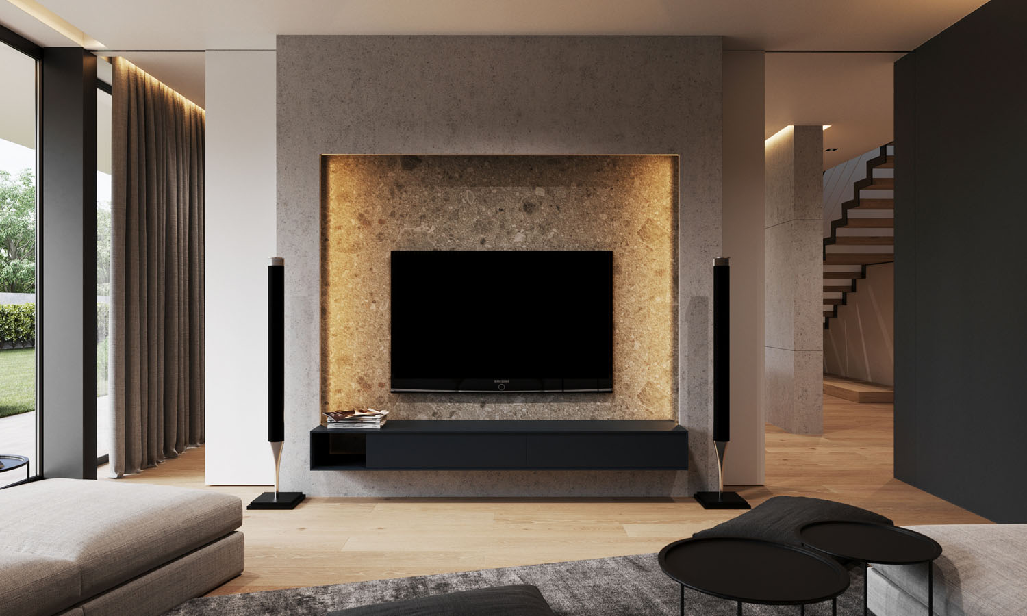 Minimalizm i telewizor Minimalistyczny salon z telewizorem na szafce RTV i zielenią – nowoczesne ustawienie TV