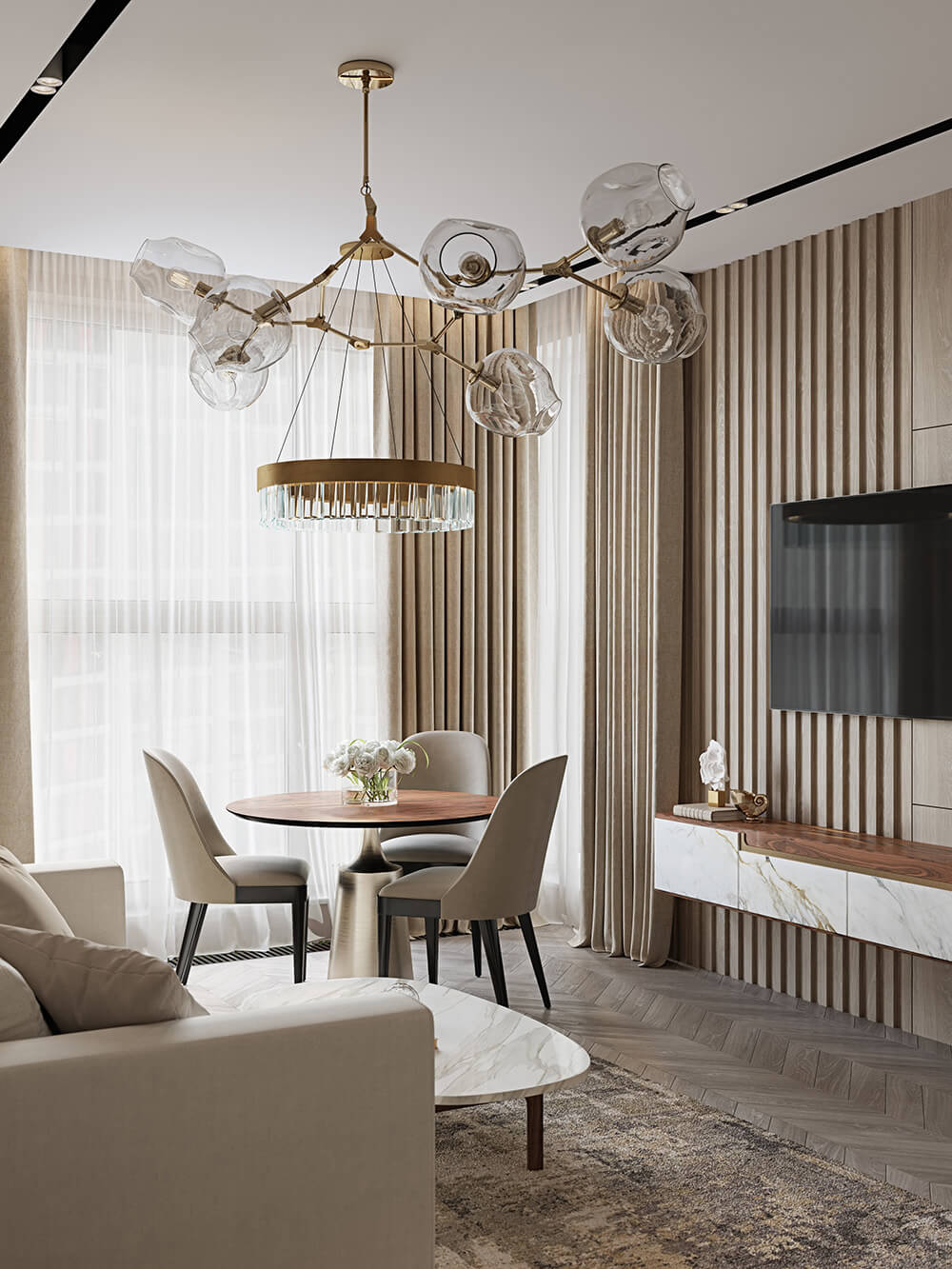 Zasłony: dziel i rządź Zonowanie małej przestrzeni 2026: zasłony dzielą salon od sypialni, oszczędzając miejsce.