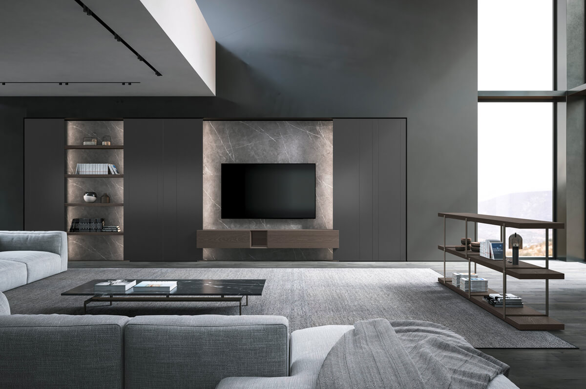 Salon z biurem Aranżacja salonu z praktycznym miejscem do pracy w stylu nowoczesnym.