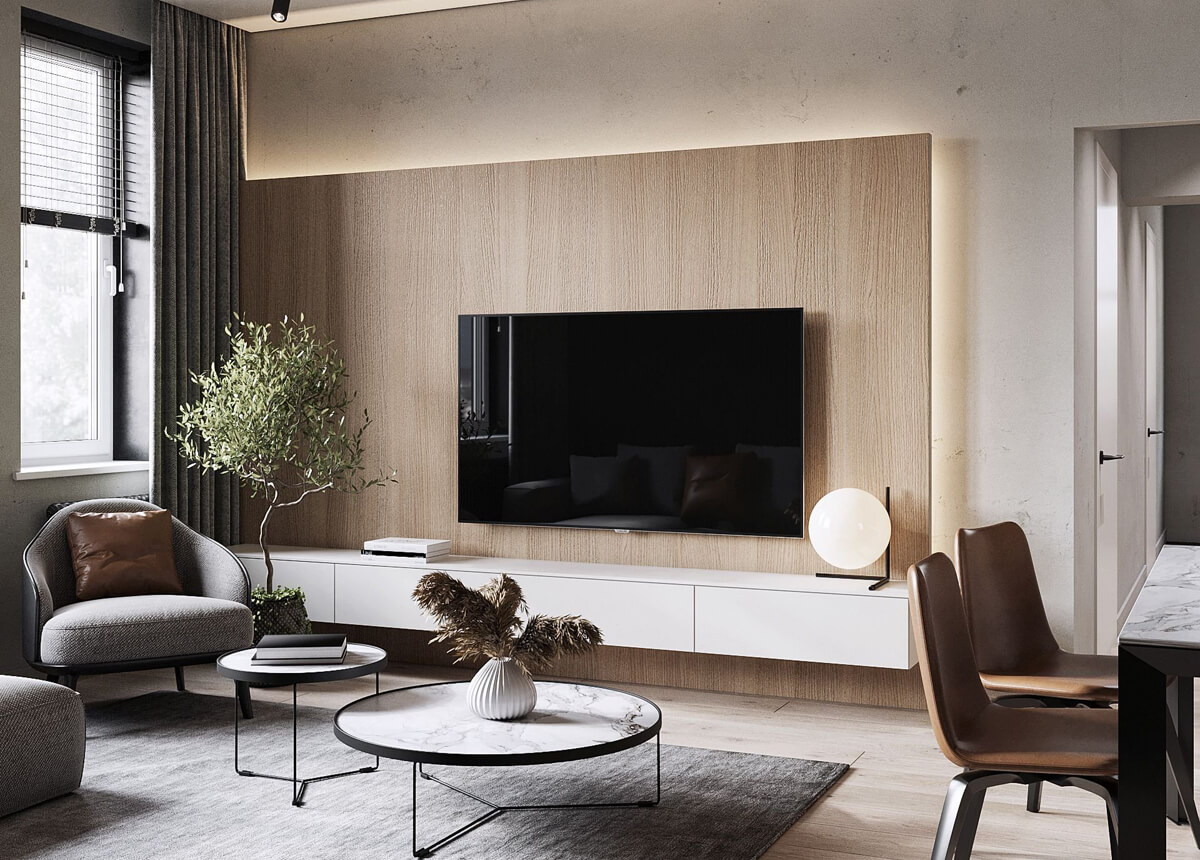 Naturalne drewno w salonie Stylowy salon z drewnianymi panelami na ścianach i naturalnymi materiałami 2026.