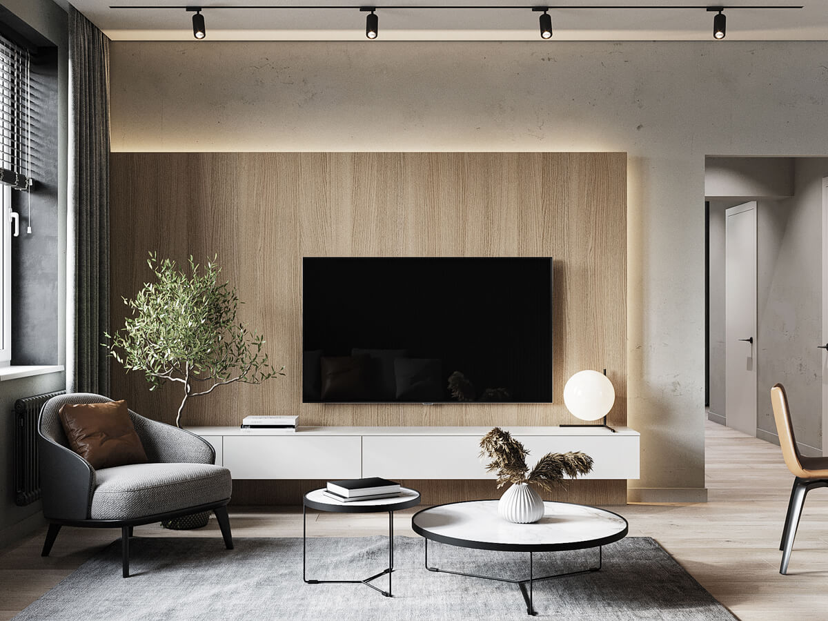 Kominek w nowoczesnym salonie Stylowy salon z nowoczesnym kominkiem i designerskimi modułowymi meblami.