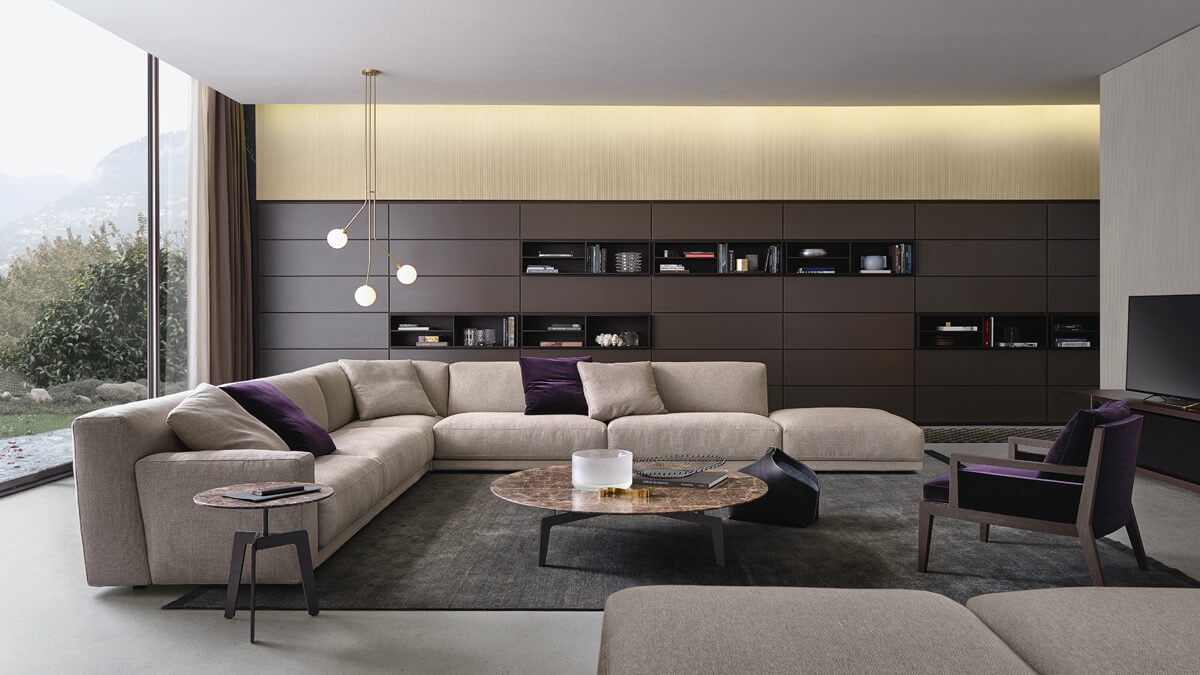 Stylowy salon 2026 Aranżacja salonu 2026: Nowoczesny salon w małym mieszkaniu z modułową sofą i oświetleniem LED