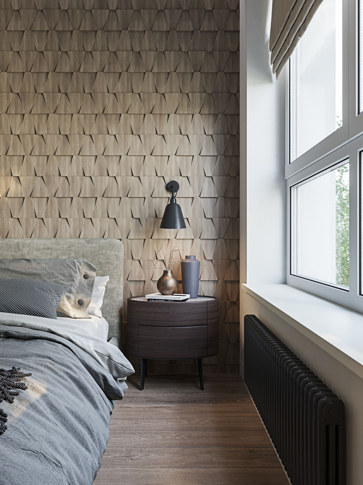 Nowoczesny design z panelami 3D na ścianie dodającymi wnętrzu oryginalności i charakteru.