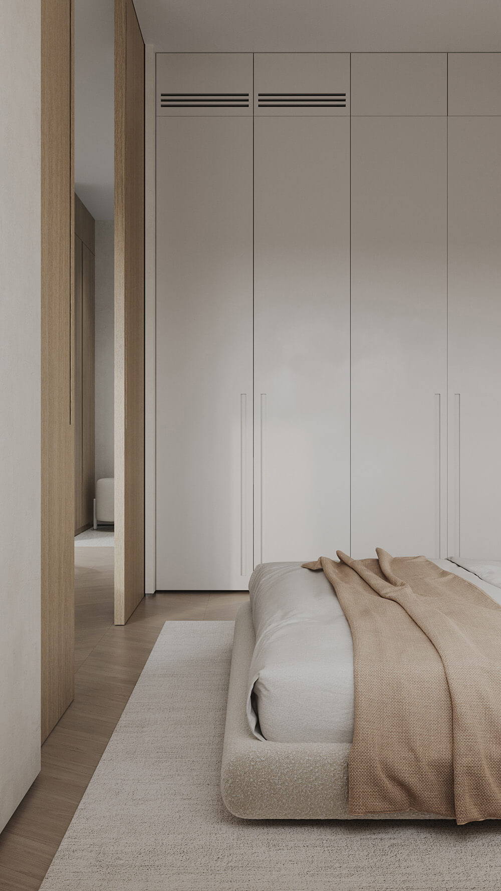 Kremowe biuro: Praca Nowoczesne kremowe biuro z minimalistycznymi meblami i oknem do pracy.