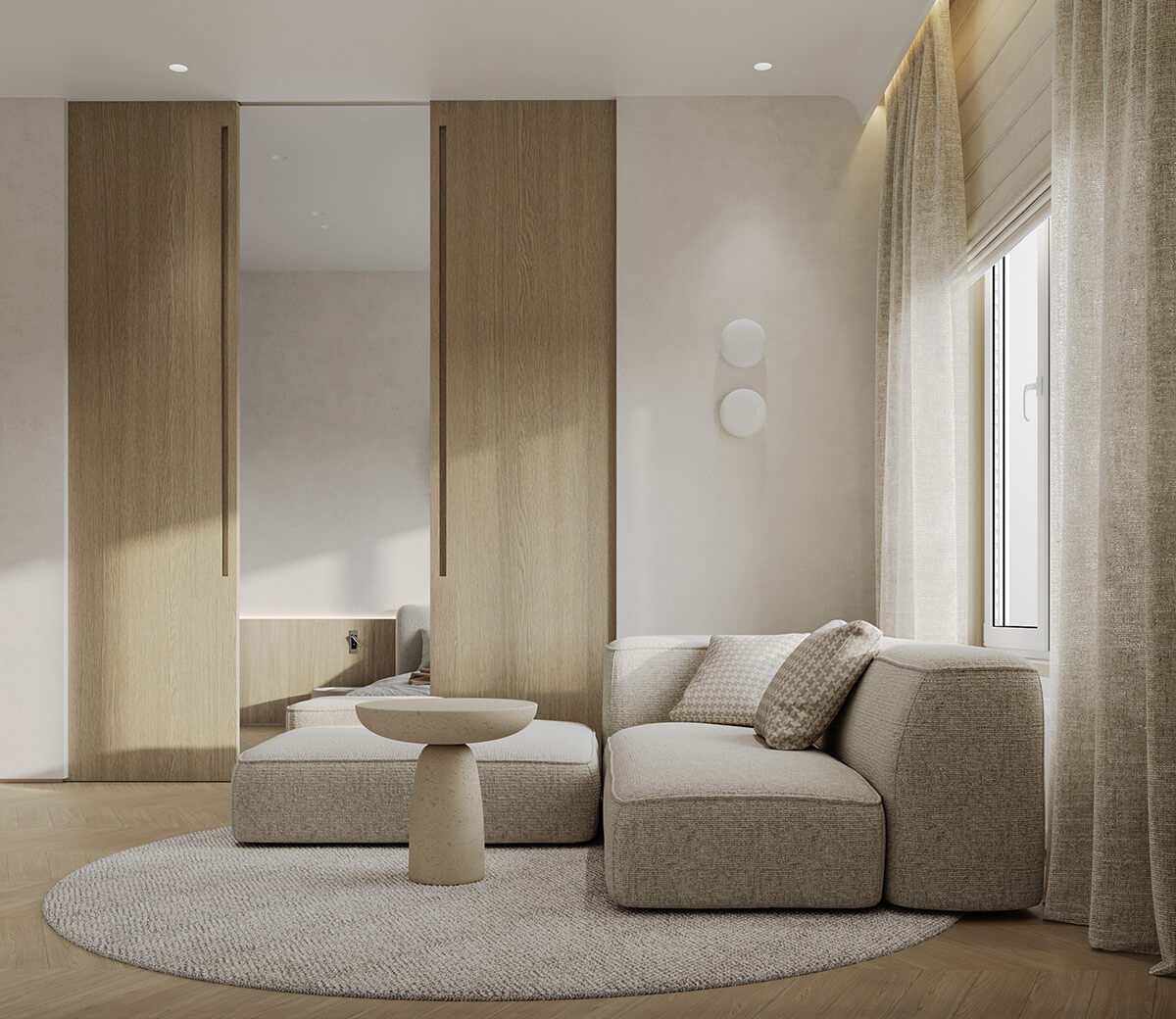 Kremowa elegancja Wnętrze w kremowych tonach: miękkie światło podkreśla elegancję i przytulność małego mieszkania.