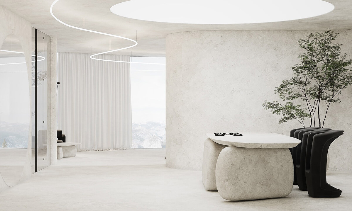 Sypialnia z mikrocementu Mikrocement 2026 w sypialni: eleganckie betonowe ściany, minimalizm i spokój.