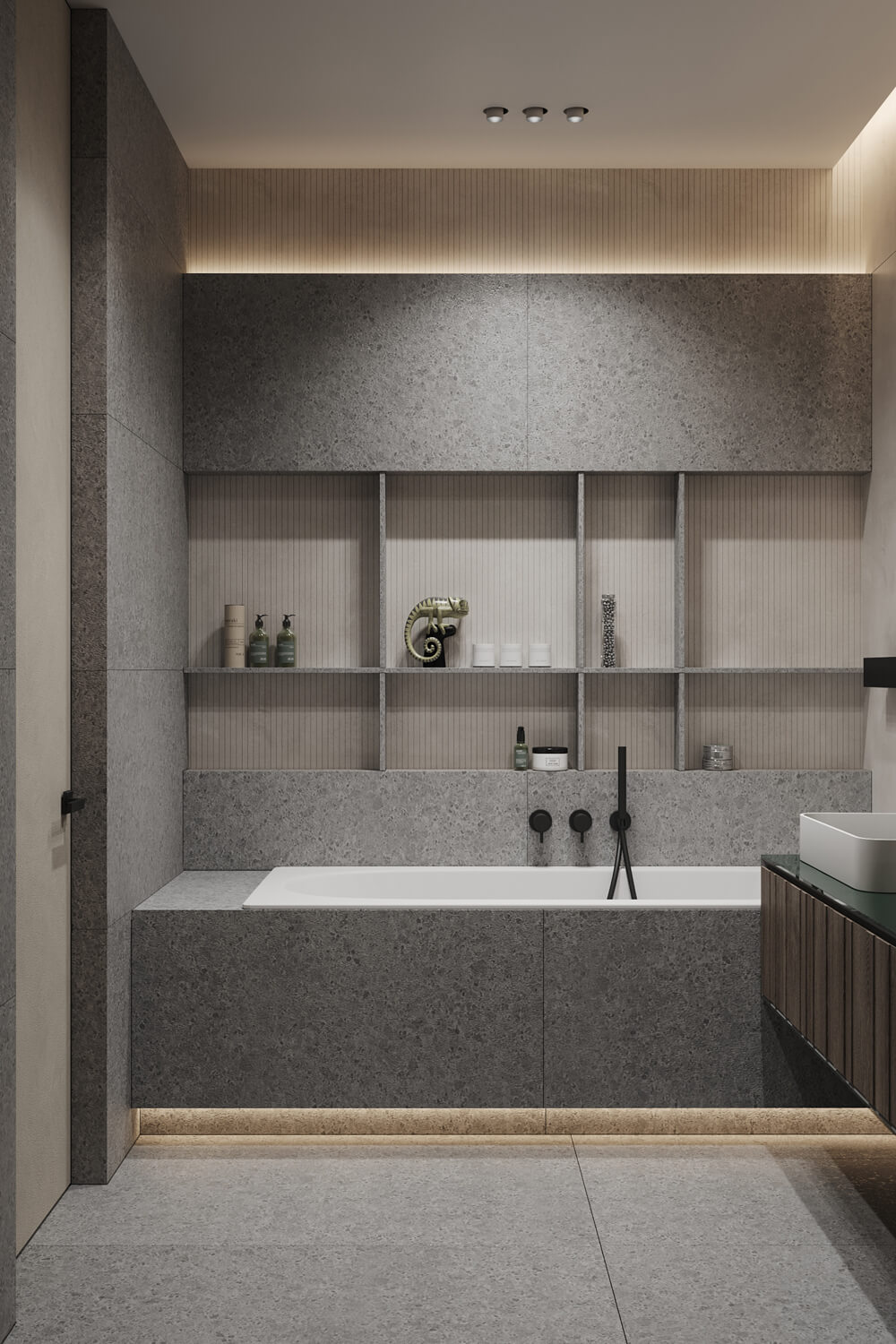 Minimalizm i drewno Męskie wnętrze mieszkania w 2026: minimalizm, szarości i drewniane akcenty, nowoczesny design.