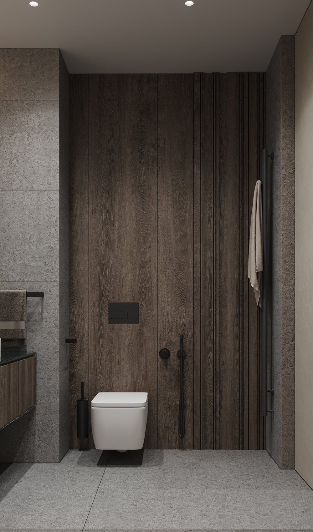 Szare Tony Nowoczesne męskie wnętrze w szarych tonach z akcentującym oświetleniem.